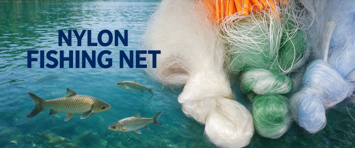 Three-layer nylon monofilament fishing gill net with orange floaters, fine mesh netting in clear lake water with freshwater fish